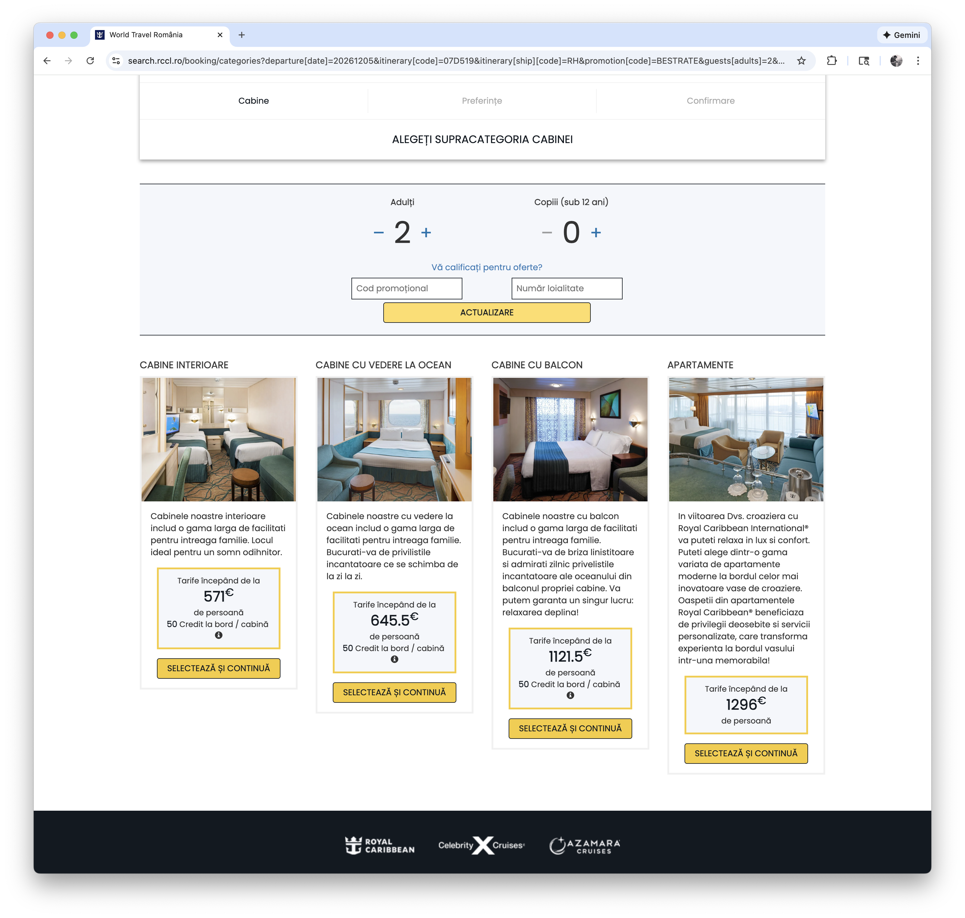 Stateroom category selection on rccl.ro